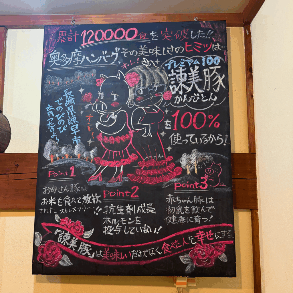 [画像：黒板に書かれた諫美豚の魅力]