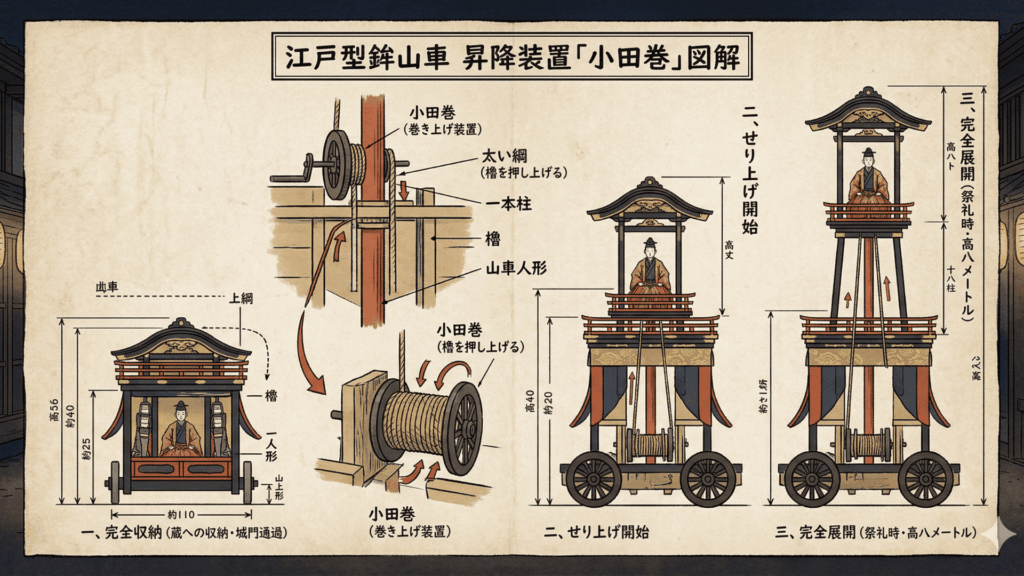 江戸型鉾山車の昇降装置『小田巻』のイメージ図（AI生成）