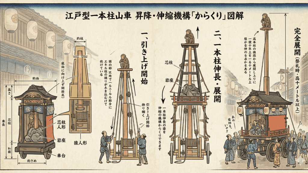江戸型一本柱山車のからくり（昇降機構）を再現したイメージ図（AI生成）
