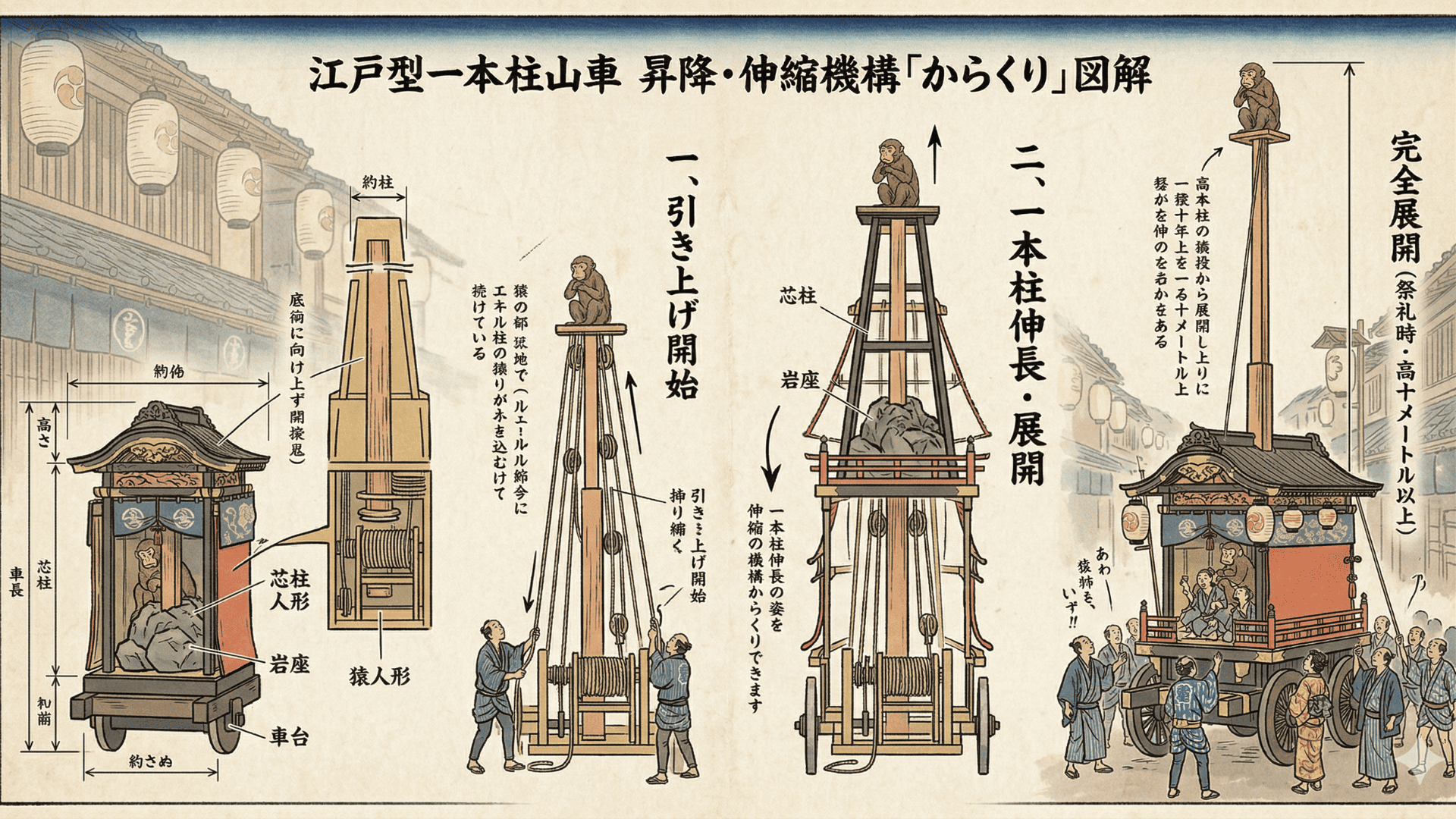 江戸型一本柱山車のからくり（昇降機構）を再現したイメージ図（AI生成）