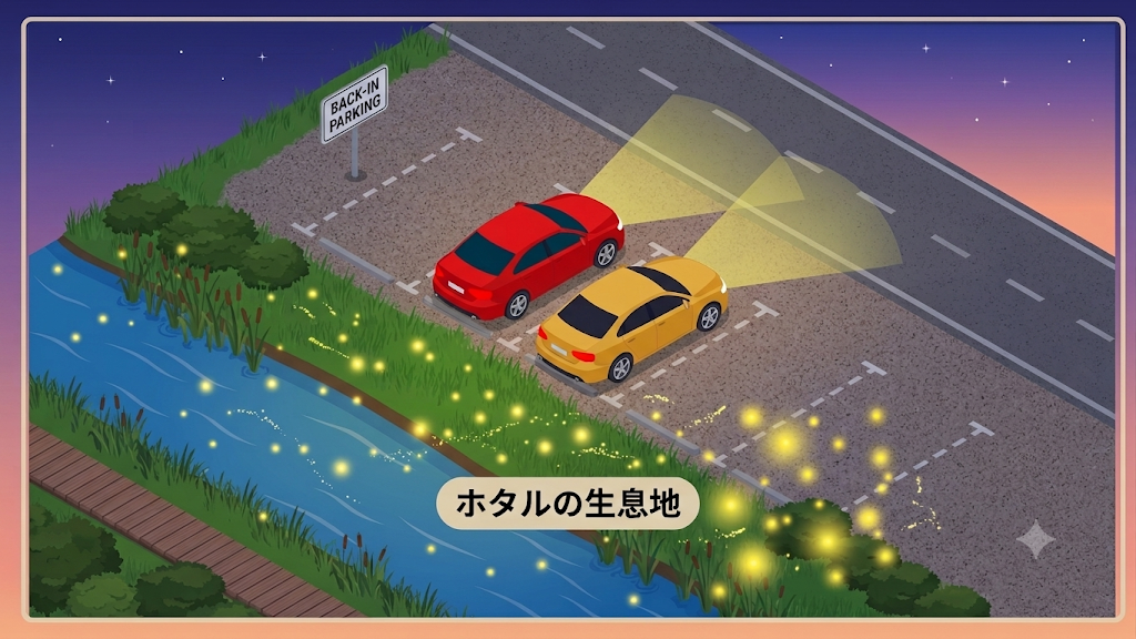ホタルが生息している川や草むらにお尻を向けるようにバックで駐車しておくイメージ