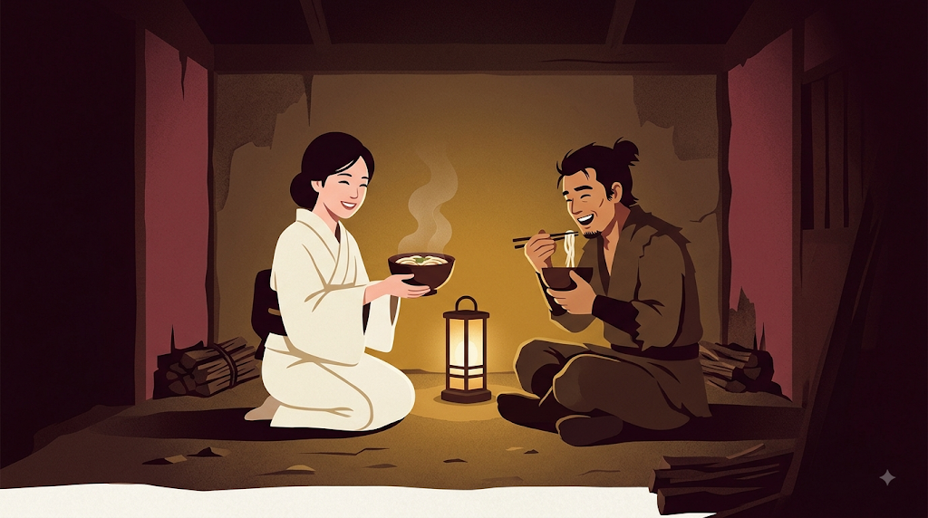 山道の粗末な小屋で、美しい娘からうどんを振る舞われる男