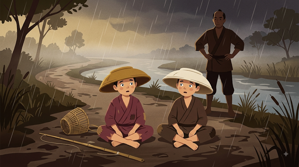 雨の夕暮れ、頭にほうらくをかぶせられて座り込む兄弟と、見守る父親