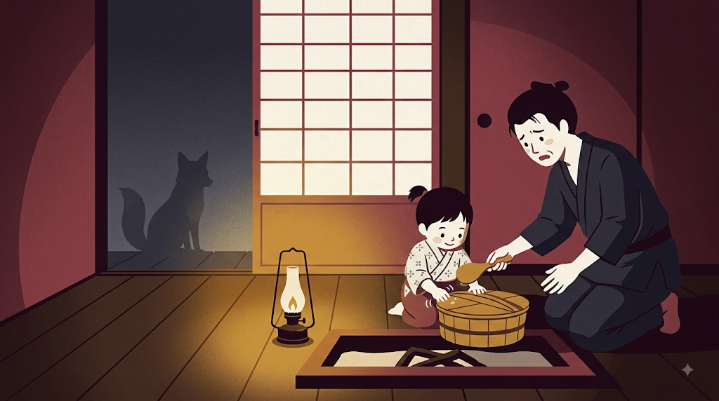 囲炉裏端でおはちの縁を叩く子どもと、障子の外に映るキツネの影